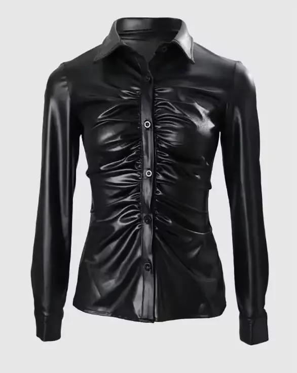Chemise boutonnée sur le devant en simili cuir pour femme avec col à revers froncé Haut à manches longues élégant et confortable