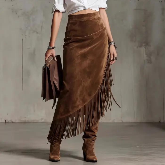 Jupe en daim de style western rétro, design irrégulier, jupe unie