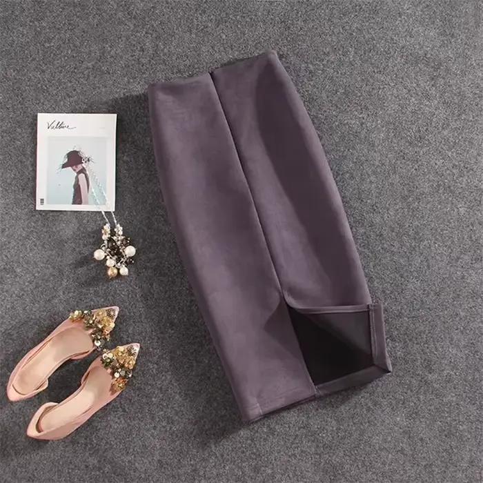 Automne hiver taille haute moulante Vintage daim fendu épais extensible jupes femmes