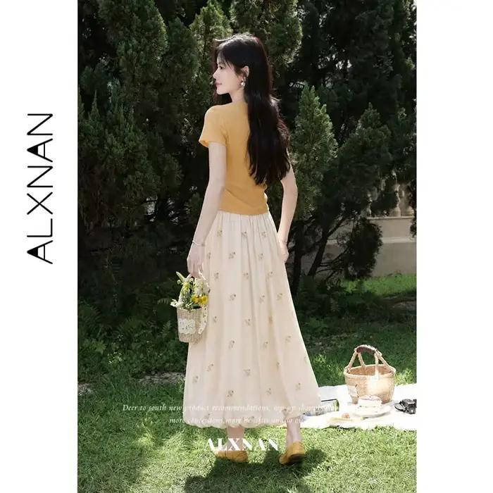 Jupe longue brodée florale ALXNAN pour femme, taille haute, élégante, tendance, pour les vacances, collection 2026, L66263A