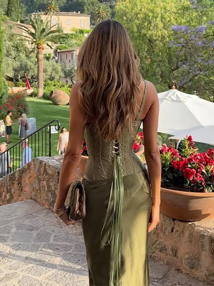 Ensemble jupe verte élégante pour femmes, Chic, sans manches, dos nu, gilet à lacets, jupe longue en Satin, tenue de soirée, 2025