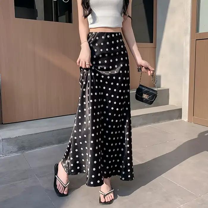 ZOCI Jupe sirène en satin à pois - Jupe mi-longue fluide et moulante taille haute flatteuse pour femme