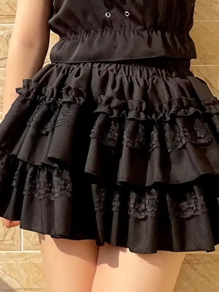 Jupe Courte Femme Noire Style Preppy Taille Haute Sexy avec Dentelle Patchwork Vintage pour l'Été