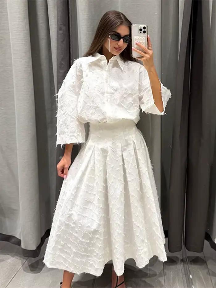 Élégant franges chemise jupe ensemble femmes demi manches revers simple boutonnage chemises a-ligne jupes longues costume 2025 été dame ensembles