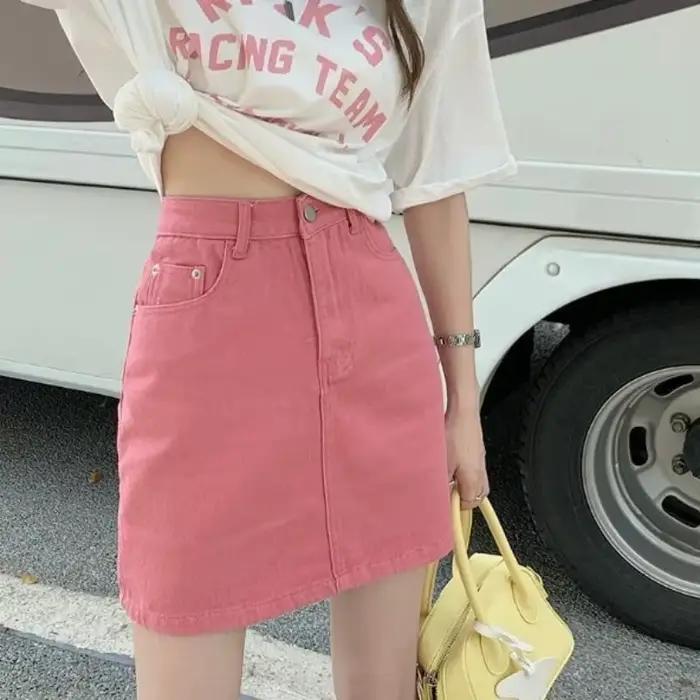 Mini jupe en jean taille haute pour femme avec poche