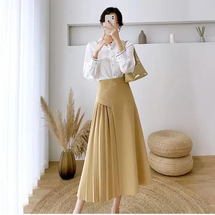 Jupe Mi-longue Femme Style Coréen Bureau Élégante Polyvalente Occasions Spéciales Polyester Coton Acétate Plissé Blanc Noir