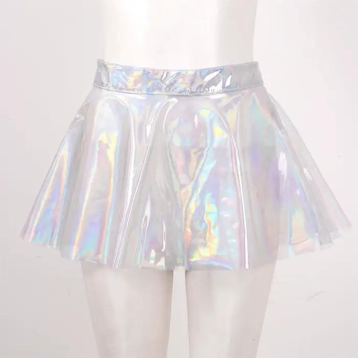 Sexy Club Rave a-ligne Mini jupe E fille Punk fée femmes brillant taille haute fermeture éclair dos transparent