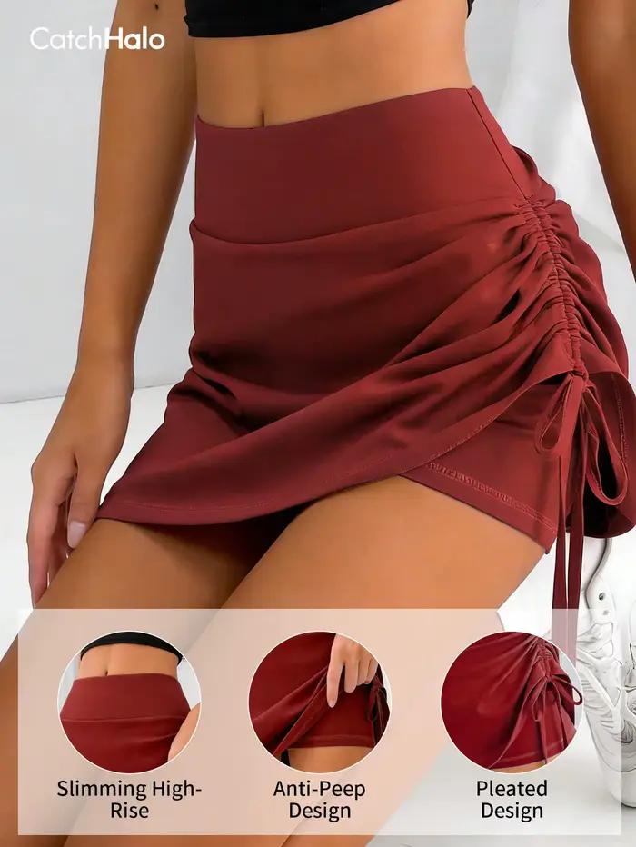 Jupe de tennis femme, jupe-short de sport froncée à cordon latéral ajustable