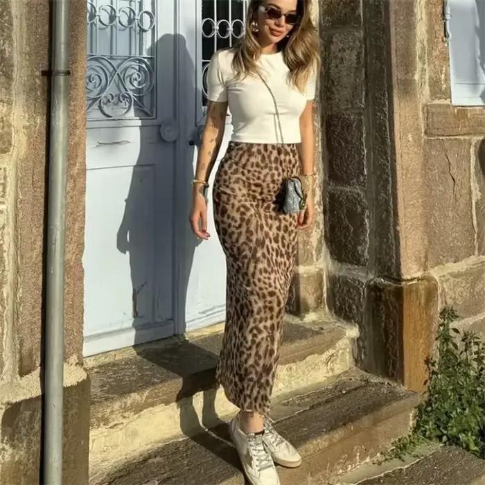 MUJER imprimé léopard jupe Midi femme Tulle taille haute jupes longues pour les femmes 2025 été Vintage maille