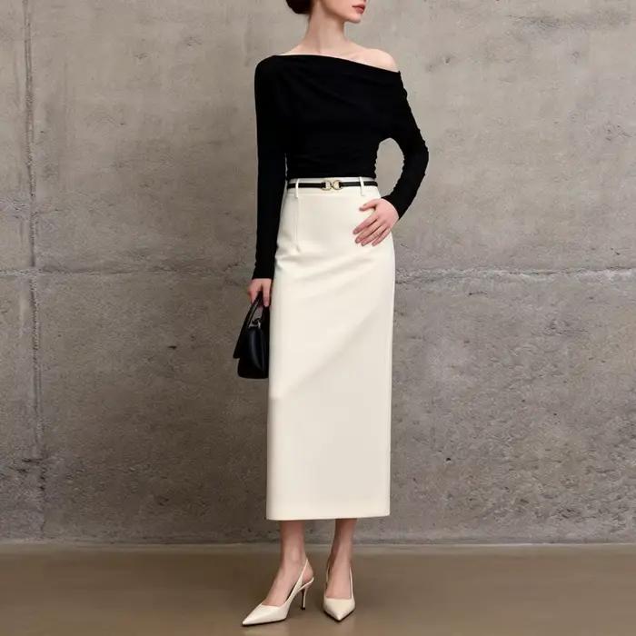 Jupes Midi Droites Élégantes Blanches Taille Haute pour Femmes 2026 Nouvelle Collection Noire OL Jupe Femme