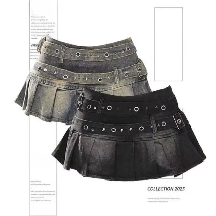 Jupe en jean avec ceinture rivetée bleue et noire pour femmes