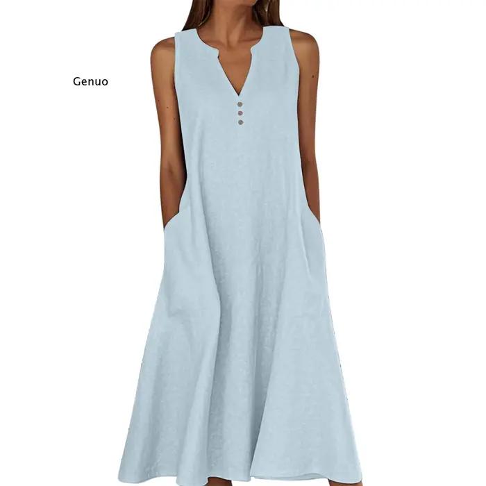 Nouvelle Robe sans Manches en Coton et Lin pour Femme 2026