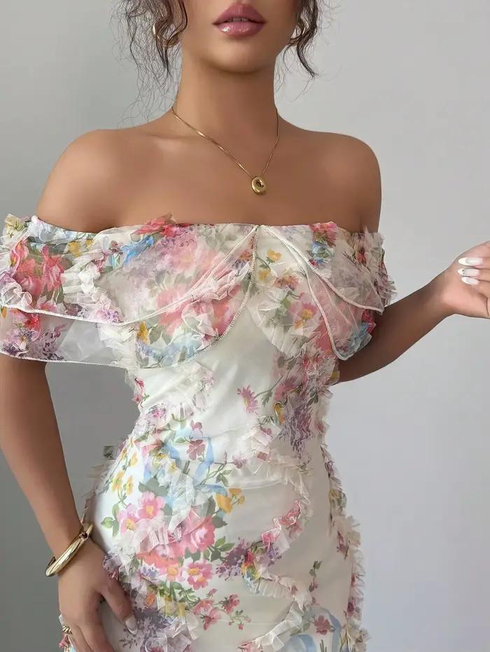 Robes pour femmes robe à volants élégante et romantique dames Sexy épaules dénudées ajustée maille robe florale robe de soirée pour femme