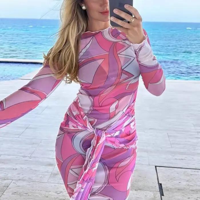 Femmes élégantes imprimer moulante robe bohème Sexy à manches longues Corset mince Stretch célébrité vacances plage