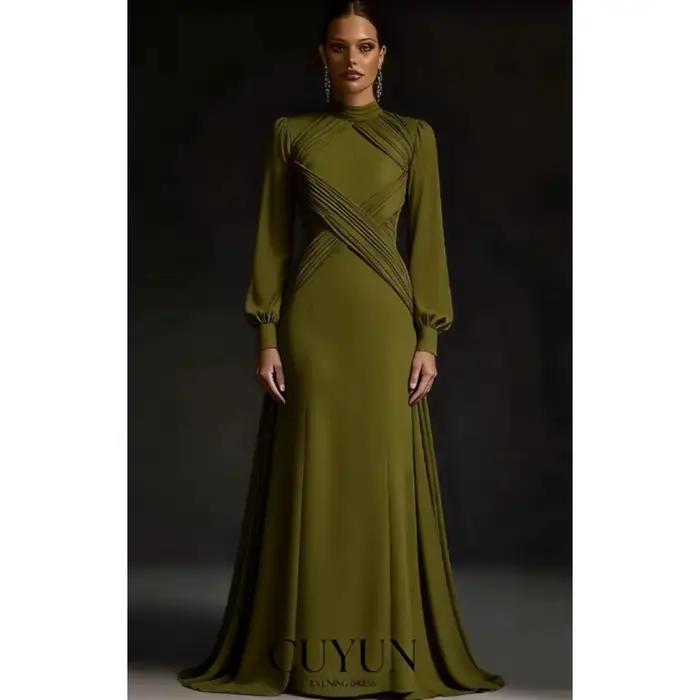 Robe de soirée longue à manches longues et col montant en lavande pour femmes, robe de soirée élégante à plis en jersey, longueur au sol, personnalisable