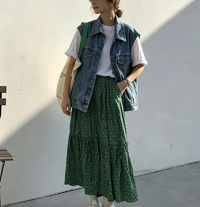 Jupe longue plissée vintage verte à imprimé géométrique pour femme