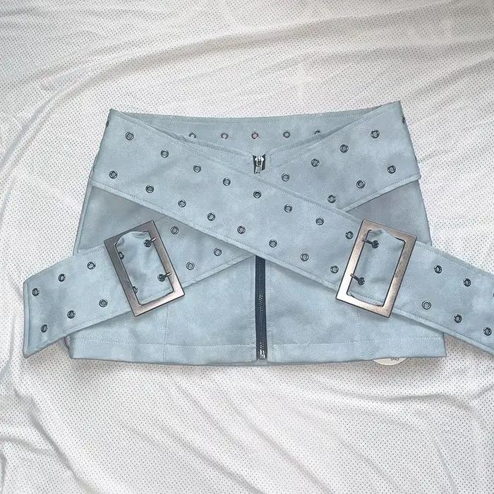 KUCLUT mode usé ceinture croisée en cuir taille basse Mini jupe pour les femmes polyvalent Style de moto enveloppé jupes de hanche 1A568