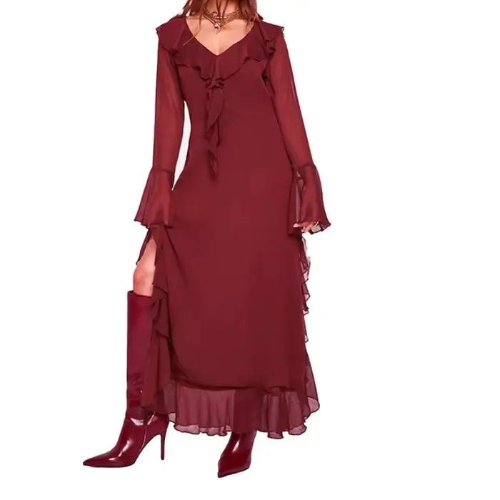 Robe d'automne pour femmes, manches longues, col en V, ourlet fendu, garniture en dentelle florale, mode élégante