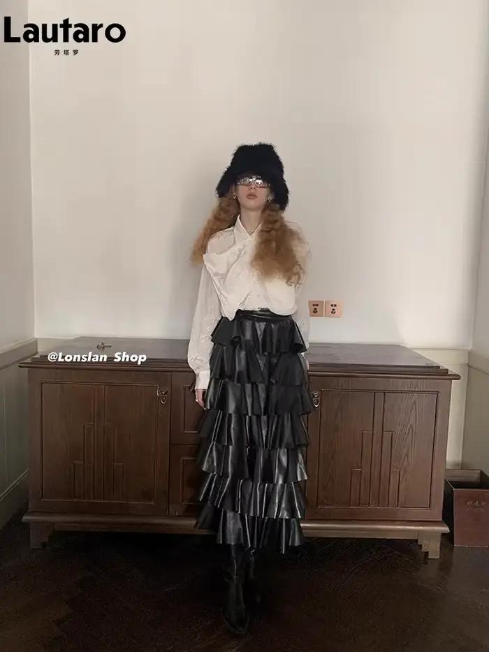Jupe mi-longue en simili cuir noir pour femme, élégante et confortable, coupe haute, style bureau, printemps automne