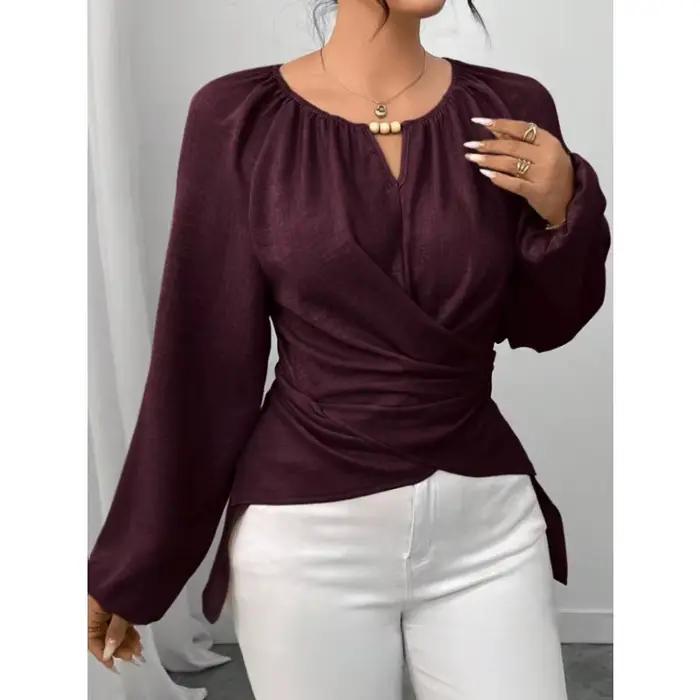 Chemisier élégant pour femme à col rond, détails perlés, manches longues lanternes, taille froncée, coupe ajustée, chemise texturée décontractée pour le quotidien