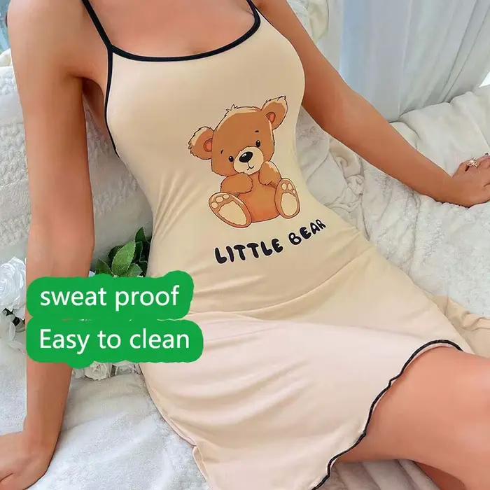 Jupe courte à bretelles pour femmes, pyjama confortable, vêtements de loisirs, dessin animé ours imprimé, lettre extérieure, chemise de nuit, nuits chaudes été automne occasions spéciales