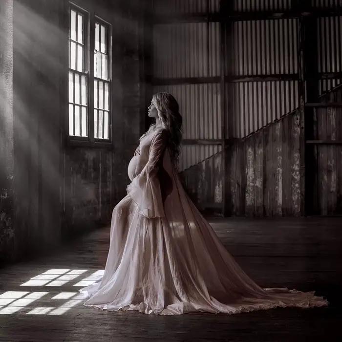 Robe en Tulle doux à manches longues, Style Simple, vêtements pour femmes enceintes, longueur au sol, robe longue à queue, robes de séance Photo de maternité