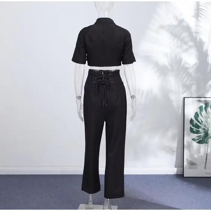 Ensemble tailleur-pantalon en jean pour femme, veste à manches mi-longues boutonnée et pantalon taille haute ample, élégant et chic