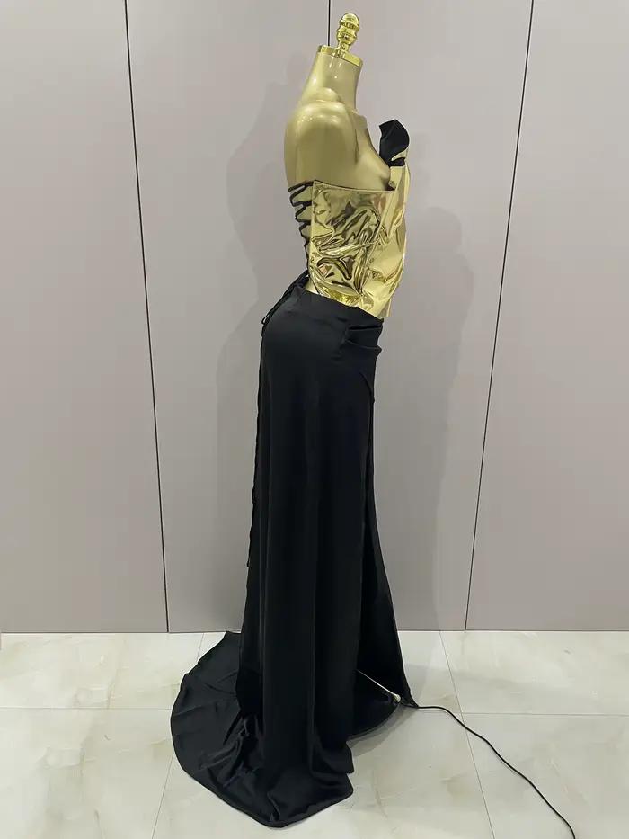 2025 nouveauté couleur or Sexy à lacets hauts 2 pièces ensemble robe longue femmes célébrer soirée célébrité robe élégante