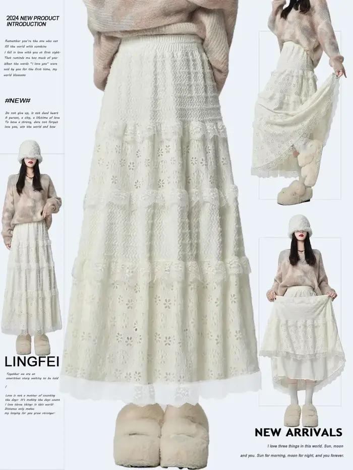 Vent doux taille haute a-ligne dentelle épissage jupe longue femmes conte de fées gâteau