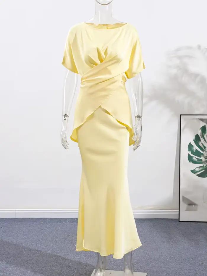 Mode jaune Satin hauts jupe 2 pièces ensemble femmes à lacets haut taille haute sirène