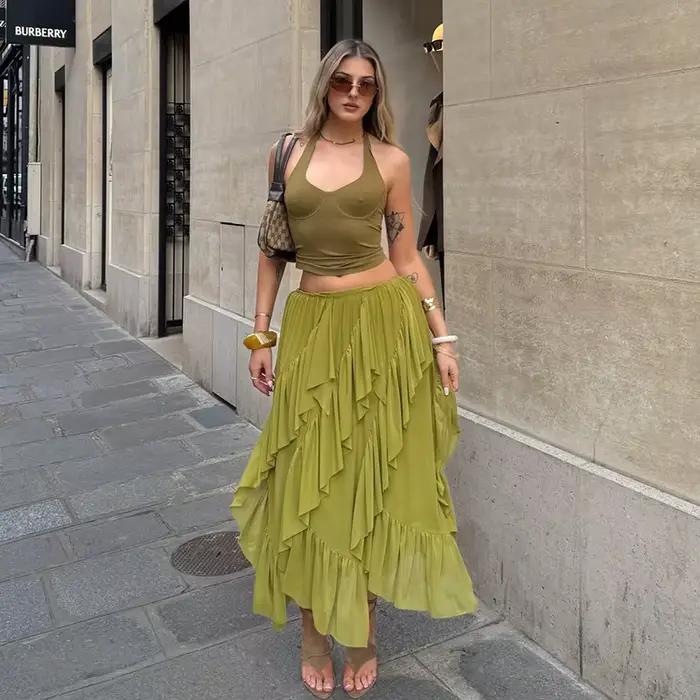 Jupe longue plissée asymétrique style bohème pour femme