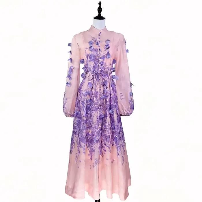 Robe longue élégante style urbain avec manches lanternes, col montant à bouton unique, imprimé floral, sensation haut de gamme pour femmes