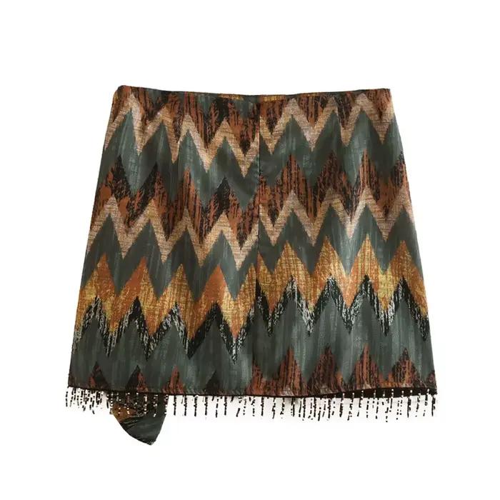 Femmes Vintage imprimé géométrique noué Mini jupe Sarong Faldas Mujer femme perles gland décontracté fermeture éclair robes
