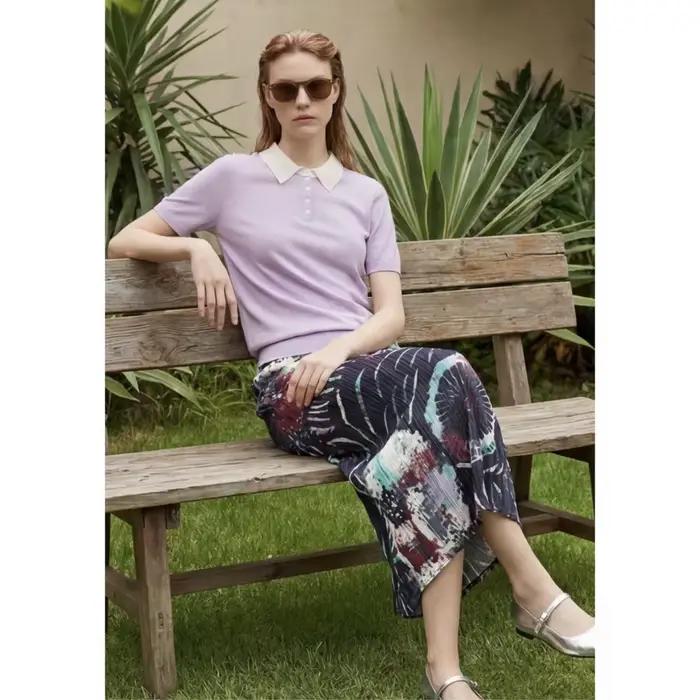 Jupe plissée imprimée Miyake, nouvelle collection été 2026, taille cintrée, imprimé rétro, élégance discrète, coupe ample et polyvalente