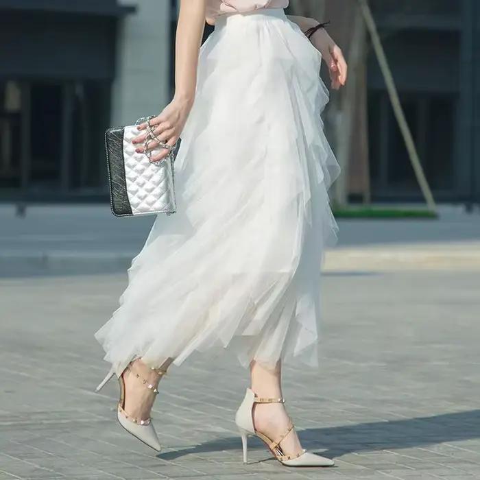 Tutu Tulle longue Maxi jupe femmes mode coréenne mignon rose taille haute