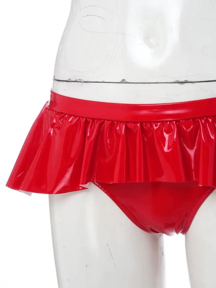 Mini-jupe taille basse pour femme, shorty en similicuir PU effet mouillé, jupe irrégulière à volants, micro-culotte, sous-vêtement, tenue de club, vêtement de nuit