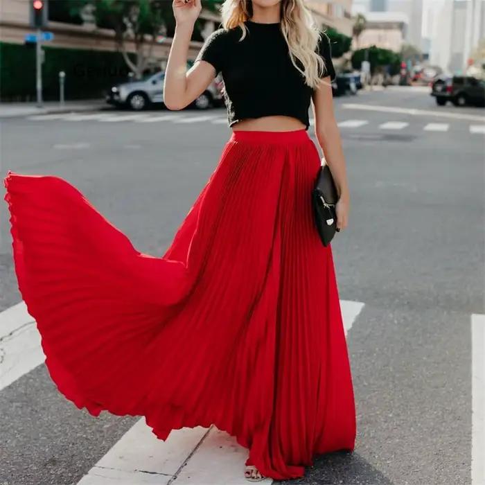 Sexy vin rouge Maxi Jupe plissée femmes mode automne hiver longues jupes plissées Style coréen