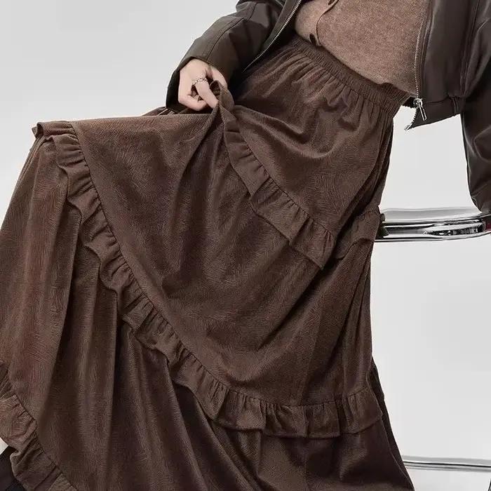 Jupe d'automne et d'hiver, jupe épissée avec oreilles marron et noires, nouvelle jupe gâteau pour femmes, grande jupe parapluie plissée