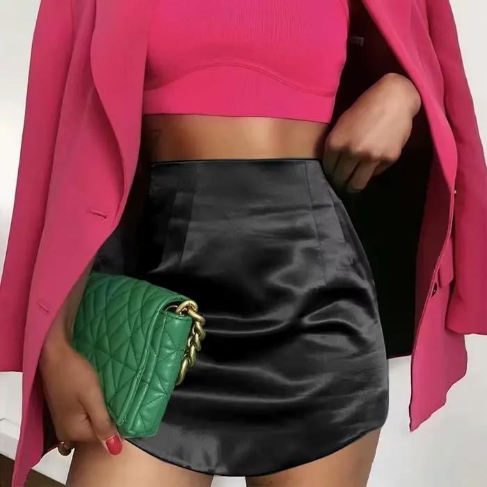 Slim Chic élégant femmes Mini jupes vert Satin haute rue solide côté fermeture éclair Sexy moulante jupe Faldas Mujer