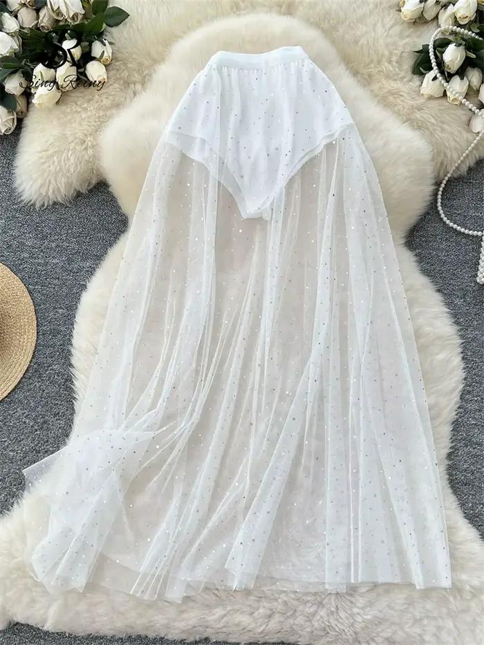 Jupe ample pailletée maille polyester et viscose pour femmes, style coréen brillant, idéale pour les soirées estivales et les occasions spéciales