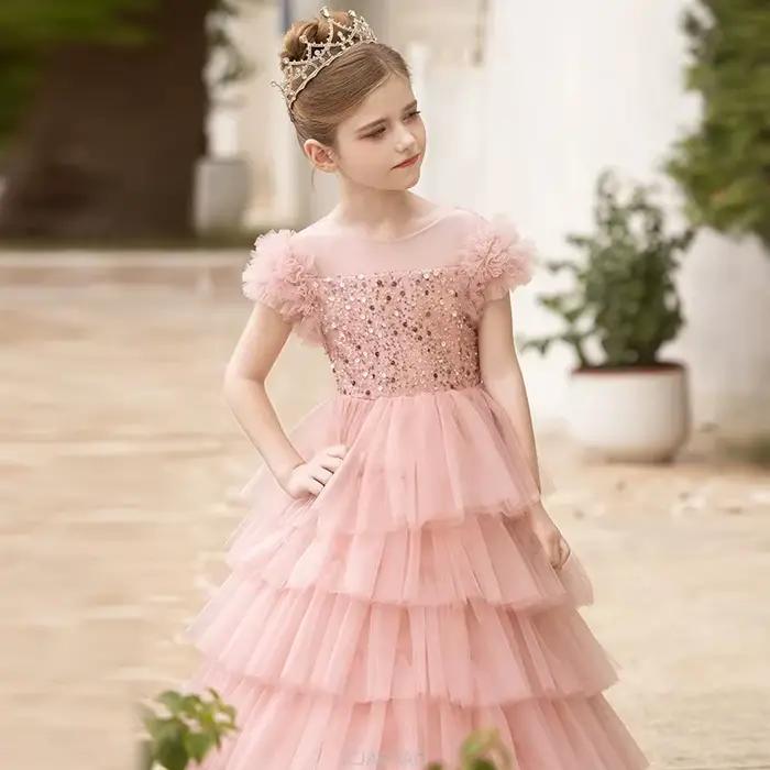 Robe longue 2025 rose paillettes filles robes de princesse vêtements enfants Pageant hôte Tulle fête d'anniversaire bébé robe enfants Costumes