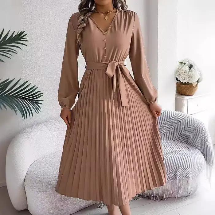 Femmes automne printemps jupe longue robe élégante col en V boutonné à lacets plissé décontracté à manches longues dame