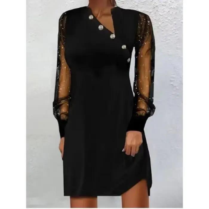 Robe mi-longue noire élégante pour femmes, asymétrique, col en v, boutons, Chic, paillettes, manches en Perspective, robe d'occasion formelle