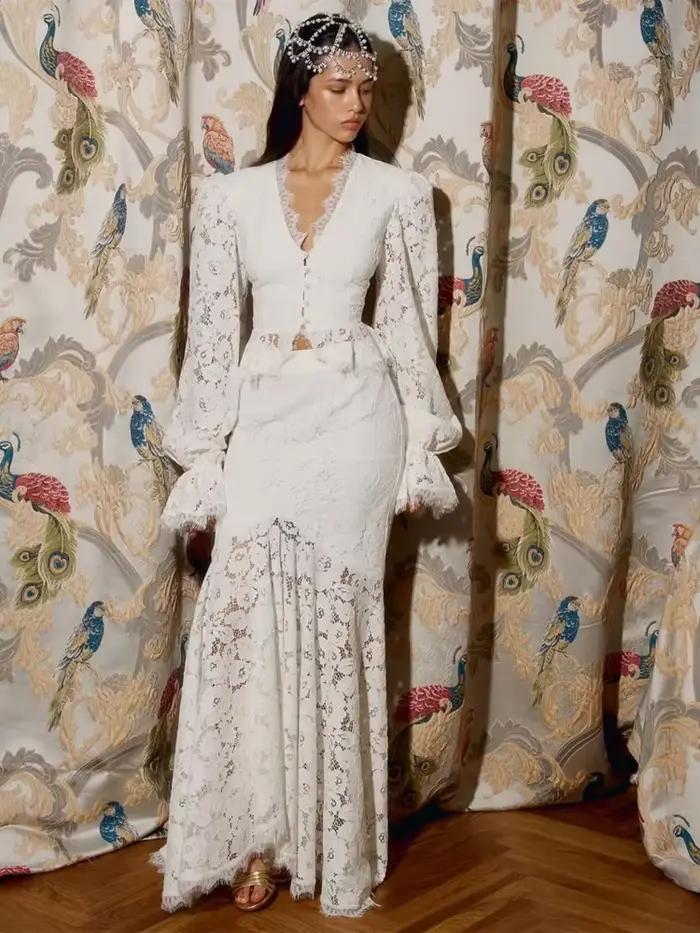 Ensemble jupe longue en dentelle blanche patchwork et haut court slim à manches évasées pour femme occasions spéciales printemps été
