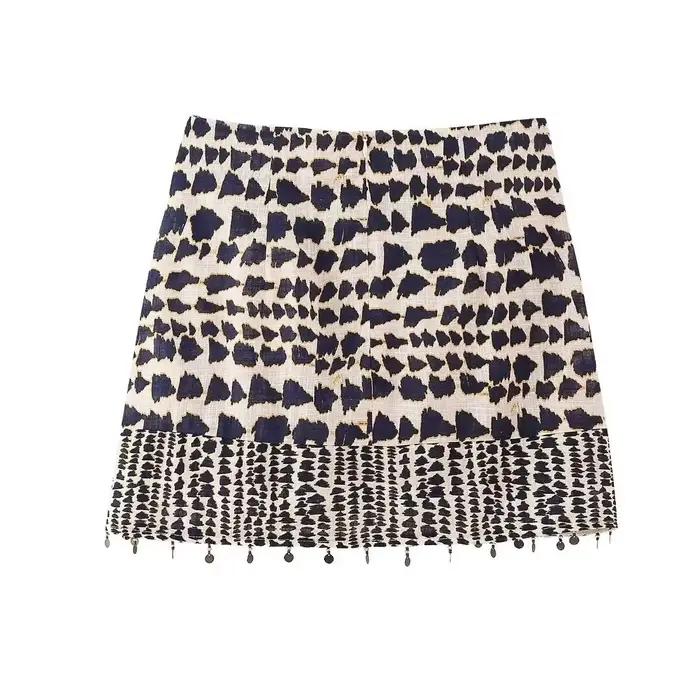 Femmes Vintage imprimé géométrique noué Mini jupe Sarong Faldas Mujer femme perles gland décontracté fermeture éclair robes