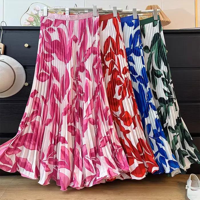 Jupe longue plissée taille haute à imprimé floral vintage pour femmes grandes tailles