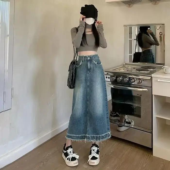 Jupes en jean pour femmes bleu taille haute frange femme jupe