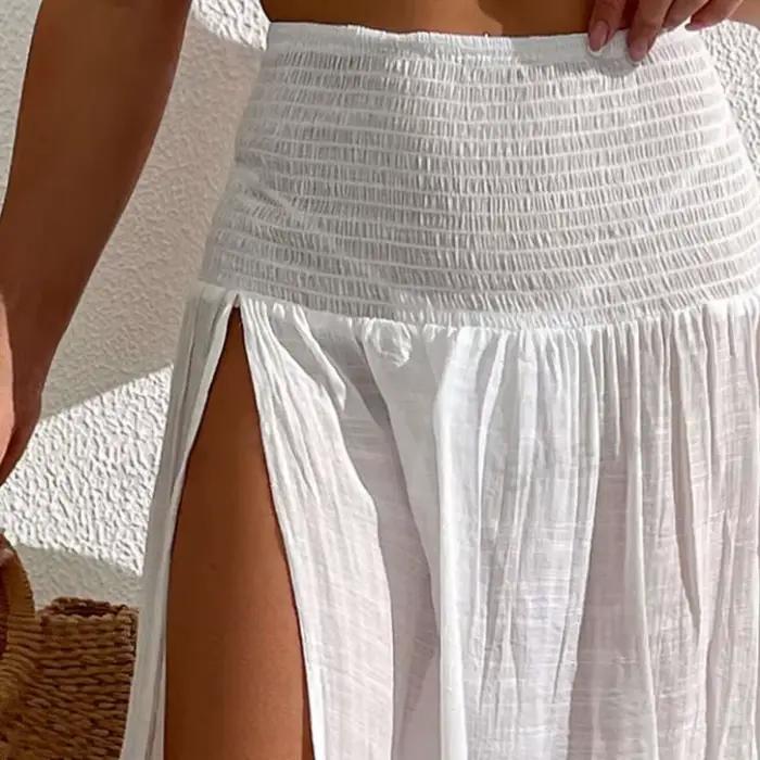 Femmes jupe 2025 été nouvelles bases haute fente blanc élégant plage couvrir jupes longue a-ligne élastique pure