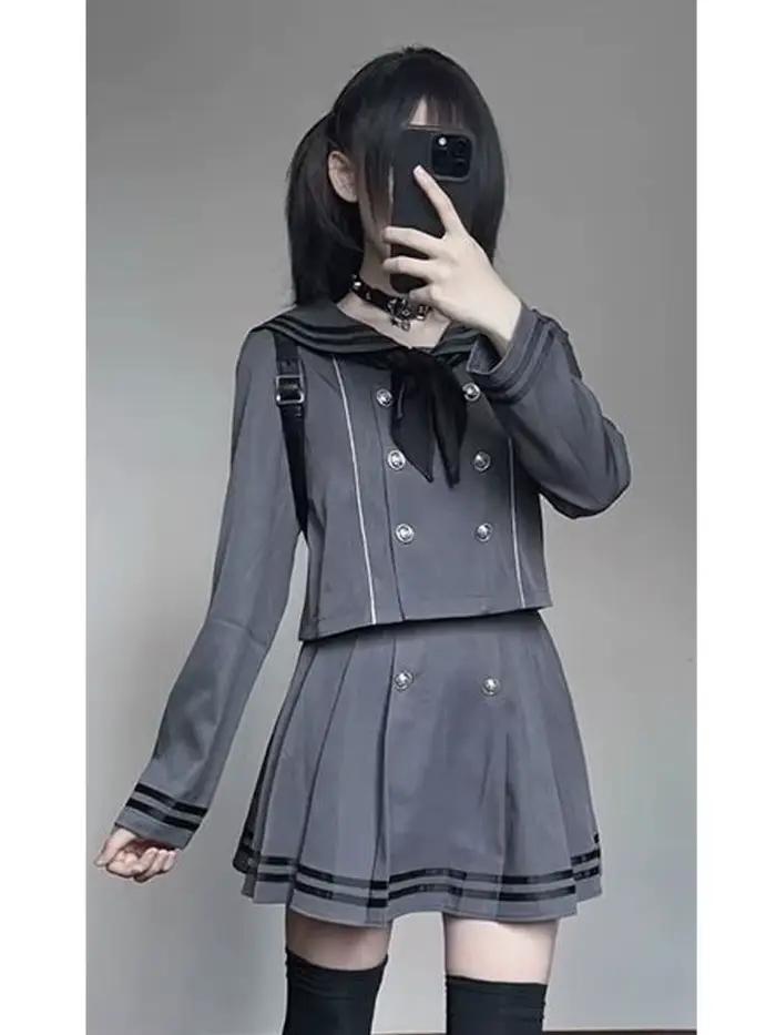 Ensemble 2 pièces style marin pour femme : haut croisé à nœud et jupe plissée mini à manches longues – Tenue chic quotidienne pour l'automne