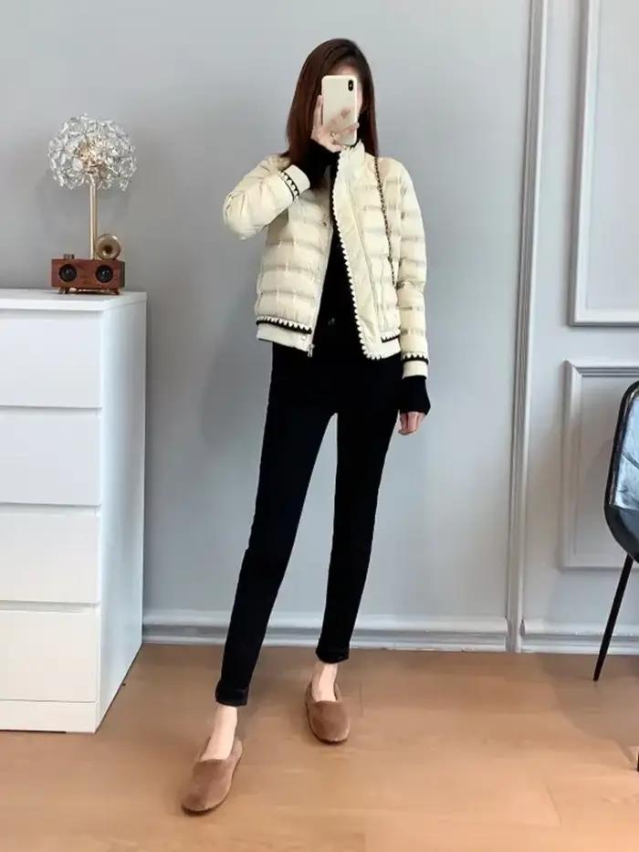 Manteau en duvet de canard blanc pour femme, veste en dentelle avec fermeture éclair, parka de neige chaude, vêtements d'extérieur européens, hiver, 90